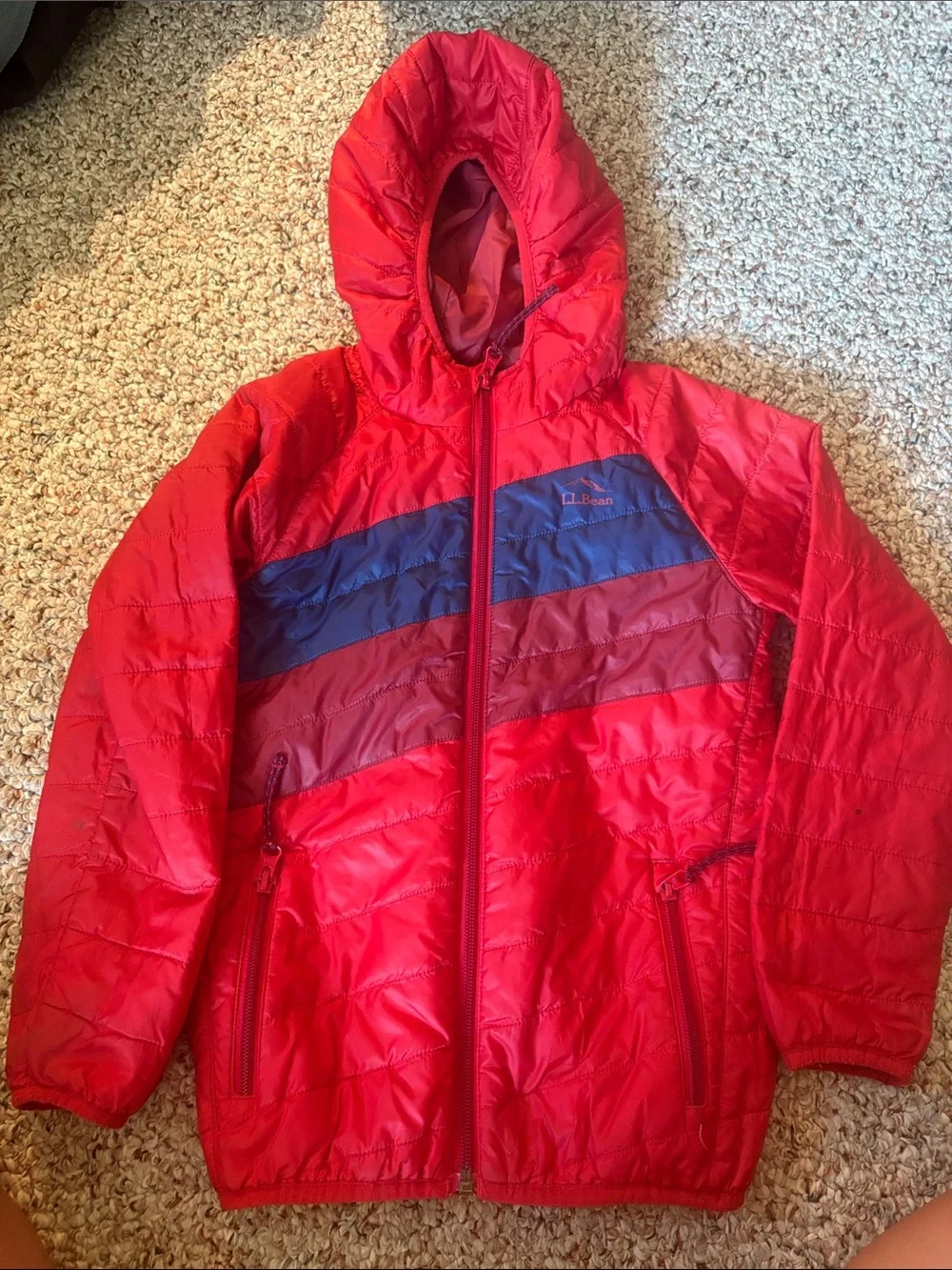 L.L. Bean Red Quilted Hooded Jacket with Navy and Burgundy Stripes